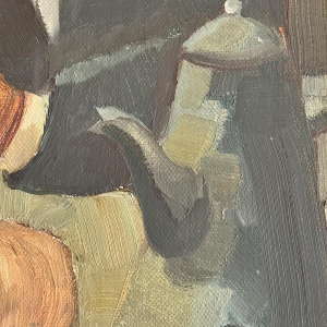 Milo Dardenne “Ontbijt”, olieverfschilderij op canvas, expressionistisch