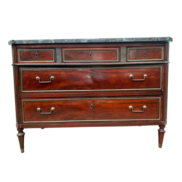 Louis XVI style mahogany commode with a grey veined marble top, 19th century