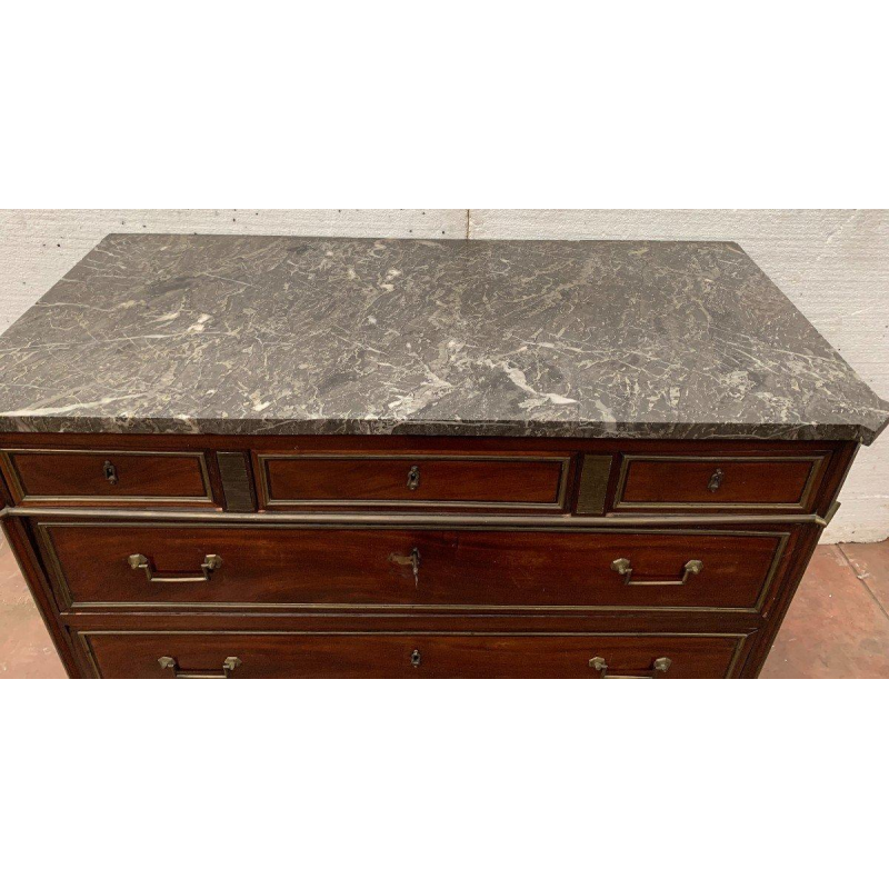 Louis XVI style mahogany commode with a grey veined marble top, 19th century