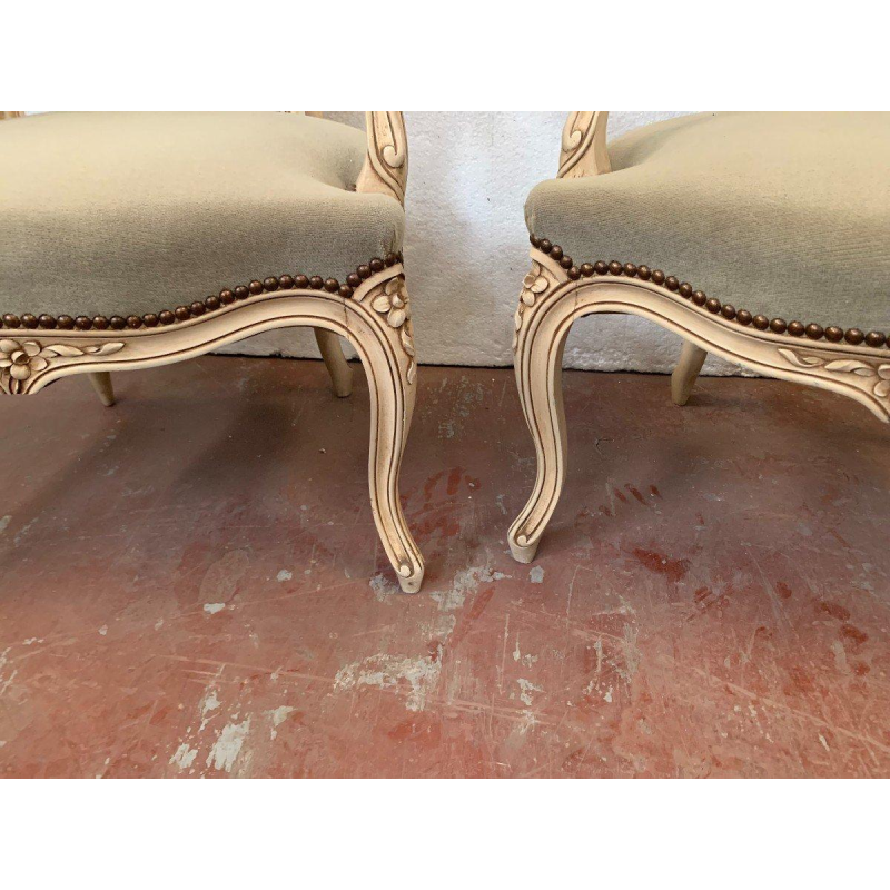 Pair of Louis XV style cabriolet chairs in patinated beechwood, 20th century