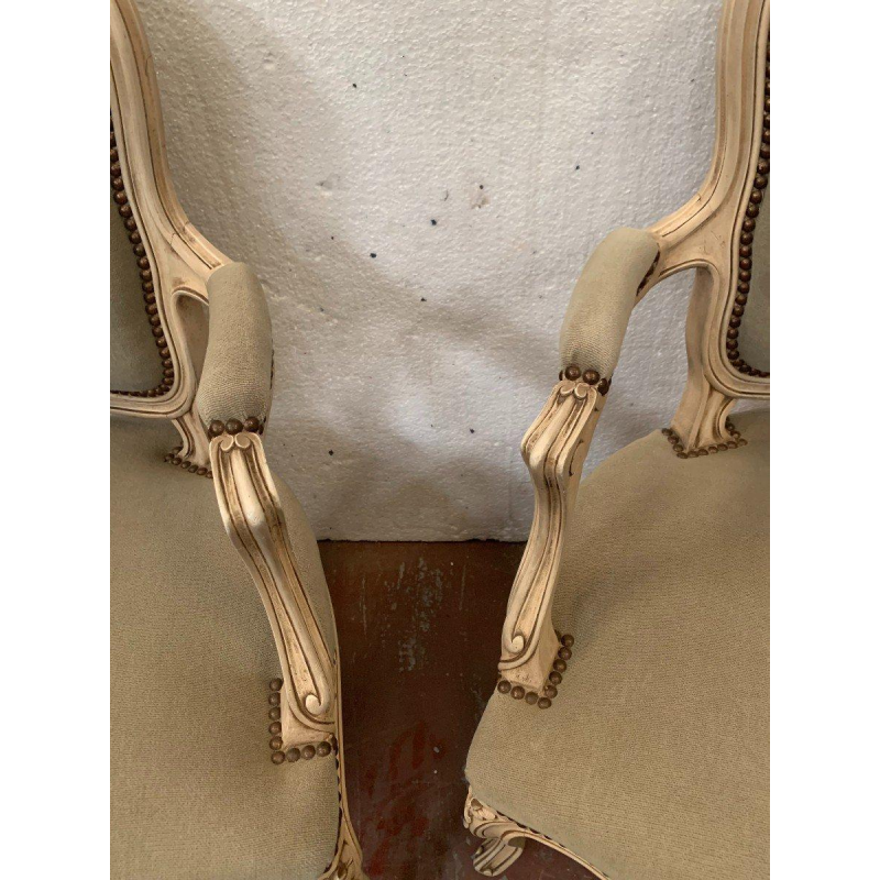 Pair of Louis XV style cabriolet chairs in patinated beechwood, 20th century