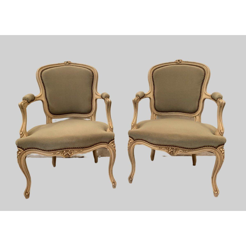 Pair of Louis XV style cabriolet chairs in patinated beechwood, 20th century