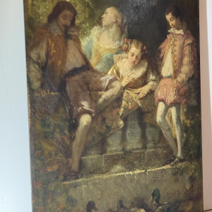 Narcisse Virgile Diaz de la Pena "Scène galante au parc" tableau huile sur panneau, ca 1850