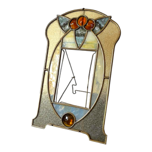 Art Nouveau / Art Deco photo holder on brass stand, cabochons & stained glass, ca 1900/1920