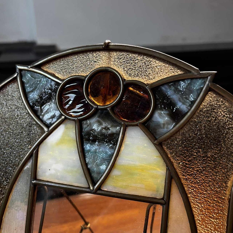 Art Nouveau / Art Deco photo holder on brass stand, cabochons & stained glass, ca 1900/1920