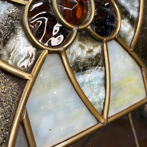 Art Nouveau / Art Deco photo holder on brass stand, cabochons & stained glass, ca 1900/1920