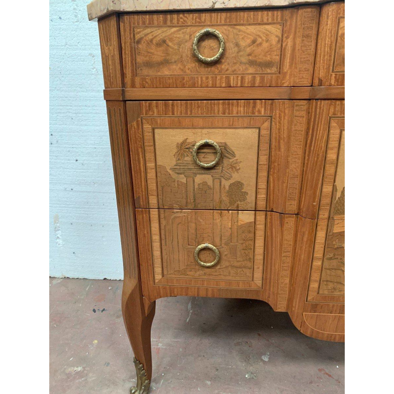 Commode in overgangsstijl met centrale uitbouw, amarant en palissander, 20e eeuw