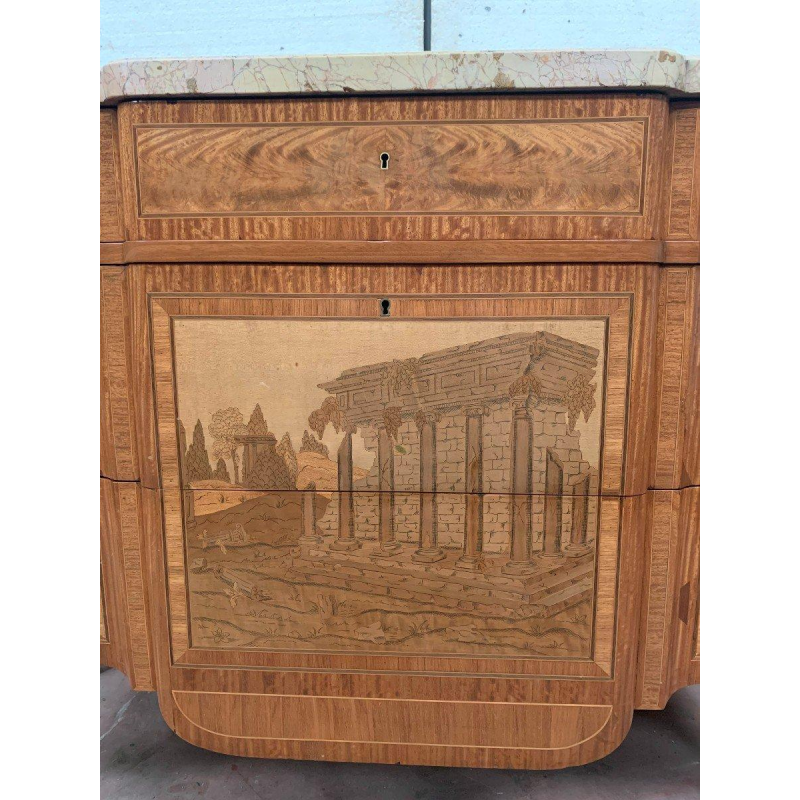 Transition style commode with central projection, amaranth and rosewood, 20th century