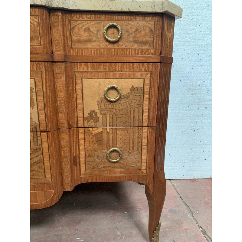 Transition style commode with central projection, amaranth and rosewood, 20th century