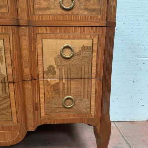 Transition style commode with central projection, amaranth and rosewood, 20th century