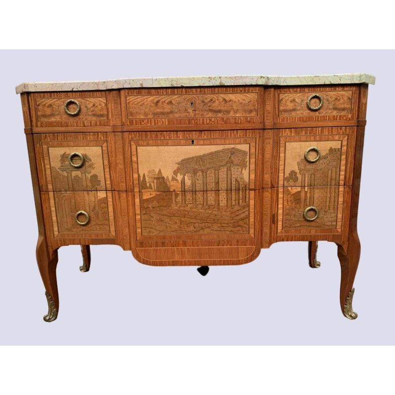 Commode in overgangsstijl met centrale uitbouw, amarant en palissander, 20e eeuw