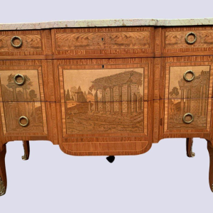 Transition style commode with central projection, amaranth and rosewood, 20th century
