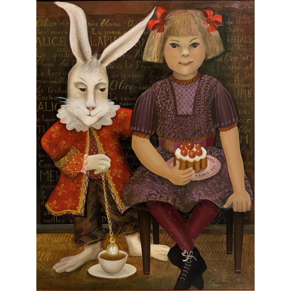 Monique Schaar “Alice en het Witte Konijn”, olieverfschilderij op doek, naïeve kunst