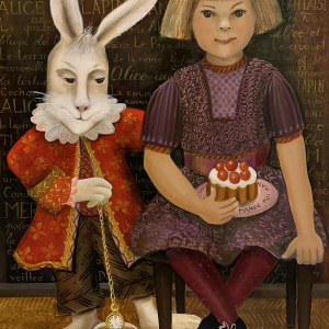 Monique Schaar “Alice en het Witte Konijn”, olieverfschilderij op doek, naïeve kunst