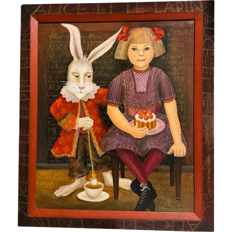 Monique Schaar “Alice en het Witte Konijn”, olieverfschilderij op doek, naïeve kunst