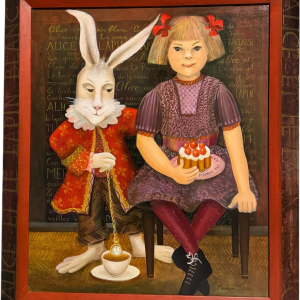 Monique SCHAAR «Alice et le lapin blanc» peinture huile sur toile art naïf