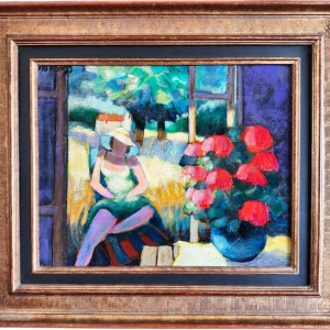 Yves AUBRY «Jeune femme admirant le bouquet» peinture huile sur toile de 1983