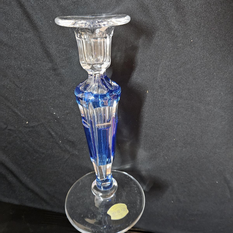 Val Saint Lambert, bougeoir en cristal clair doublé bleu, 20ème siècle