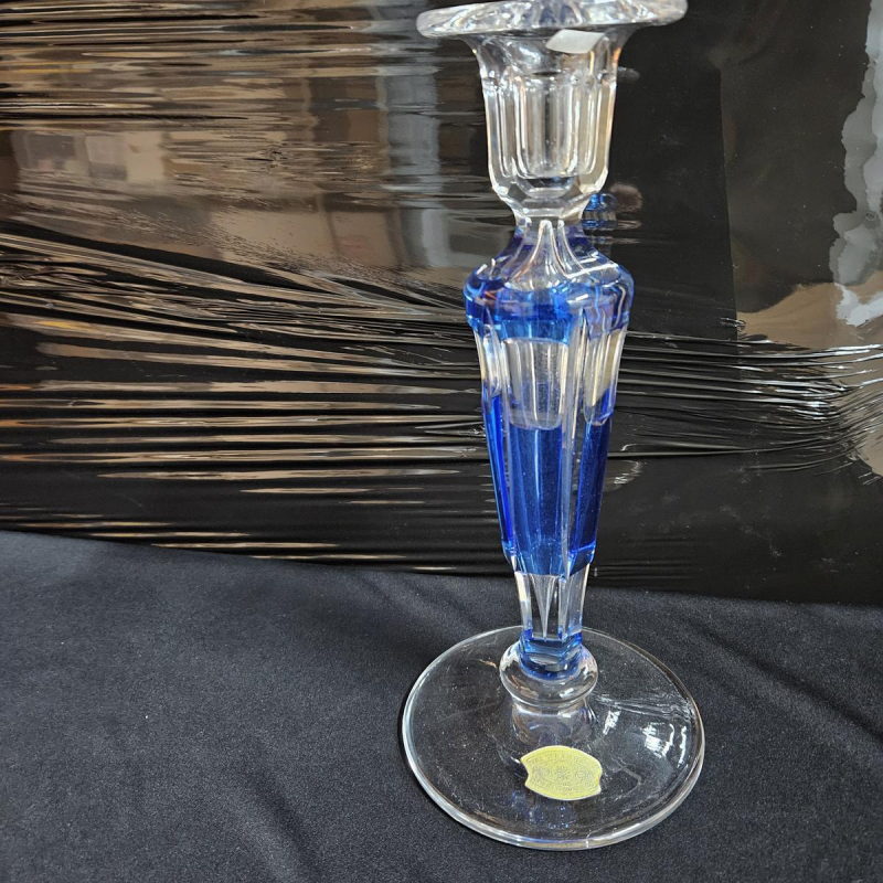 Val Saint Lambert, clear crystal candlestick with blue lining, 20th century