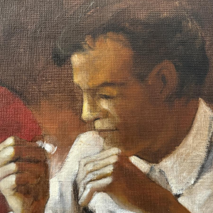 Christian HOCQUET “Het schaakspel”, olieverfschilderij op doek, 1992