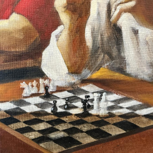 Christian HOCQUET “Het schaakspel”, olieverfschilderij op doek, 1992