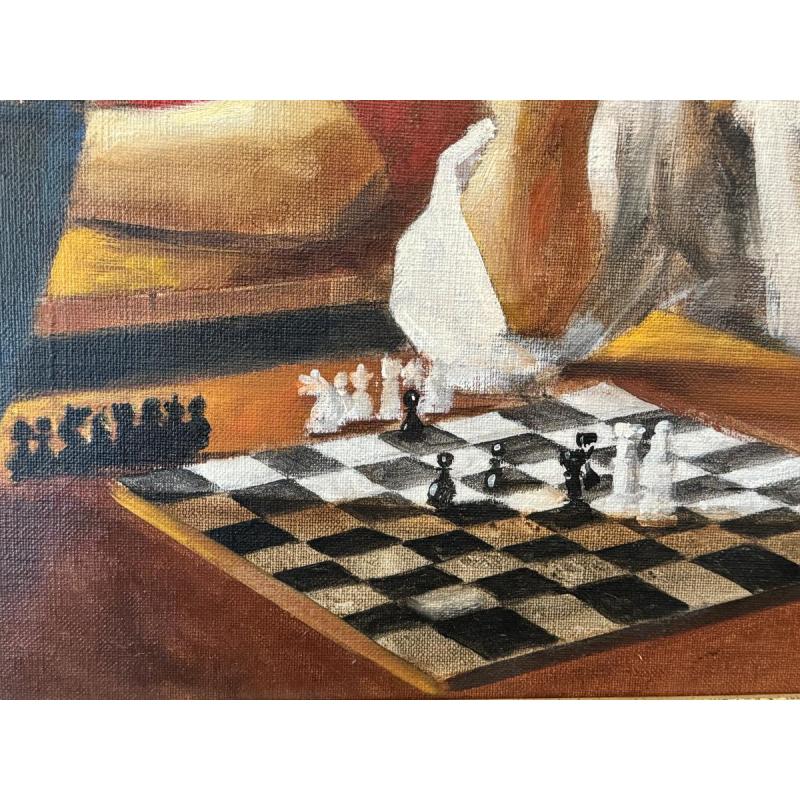 Christian HOCQUET “Het schaakspel”, olieverfschilderij op doek, 1992