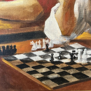 Christian HOCQUET “Het schaakspel”, olieverfschilderij op doek, 1992