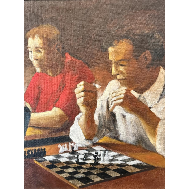 Christian HOCQUET «La partie d’échecs» peinture huile sur toile 1992