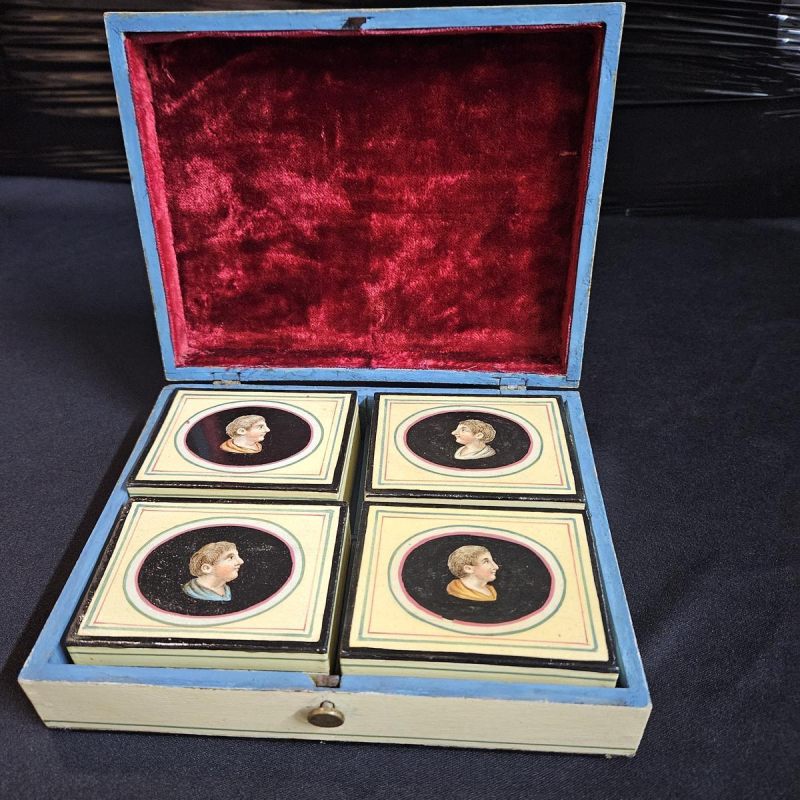 Spa wood, multi-compartment box, painted decoration of figures and portraits, Empire period, ca. 1810