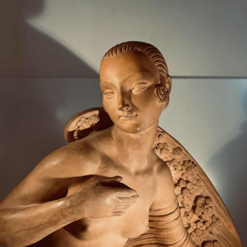 JOE DESCOMPS CORMIER 'Kneeling Nude Woman with Drapery' Art Deco terracotta sculpture, ca. 1910
