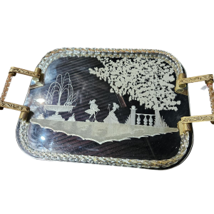 Barovier et Toso (attribué à), plateau verre & miroir gravé, scène élégante, Murano ca 1950