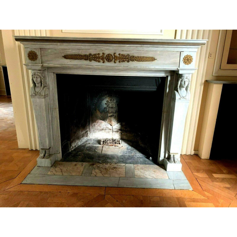 Cheminée de style Empire en marbre Bleu Turquin, cheminée ancienne, XIXe s