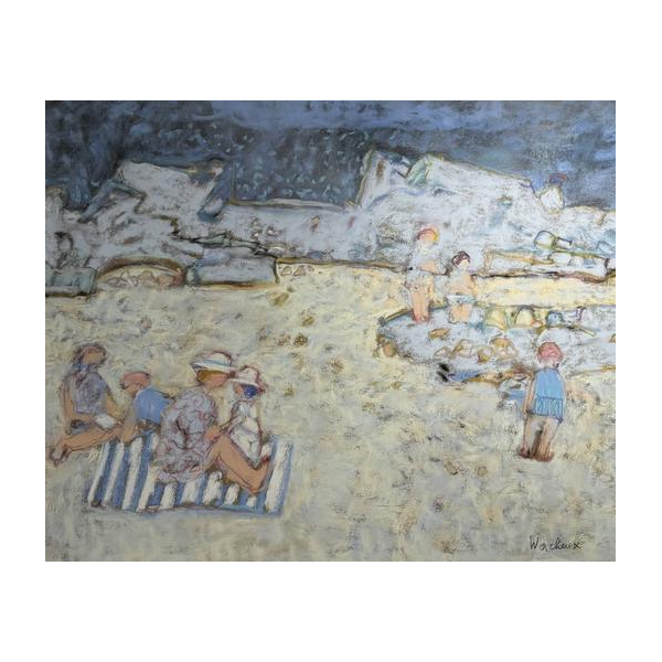 Yves Wacheux "Het blauwe strand", gemengde technieken op papier, 20e eeuw