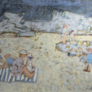 Yves Wacheux "La plage bleue" technique mixte sur papier, XXe siècle