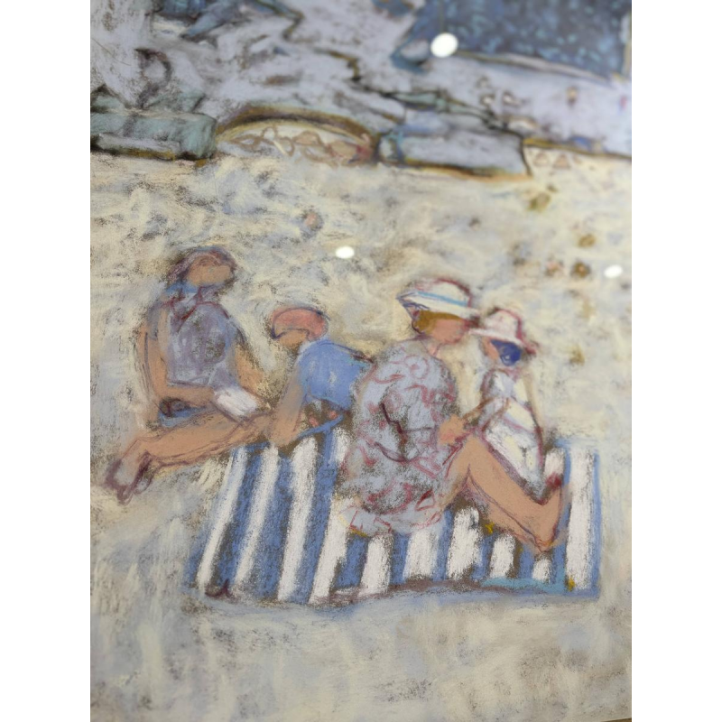 Yves Wacheux "Het blauwe strand", gemengde technieken op papier, 20e eeuw