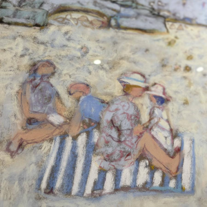 Yves Wacheux "Het blauwe strand", gemengde technieken op papier, 20e eeuw