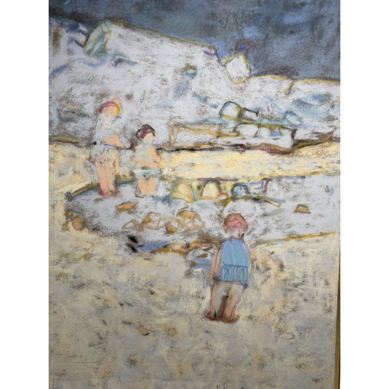 Yves Wacheux "Het blauwe strand", gemengde technieken op papier, 20e eeuw