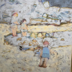 Yves Wacheux "Het blauwe strand", gemengde technieken op papier, 20e eeuw