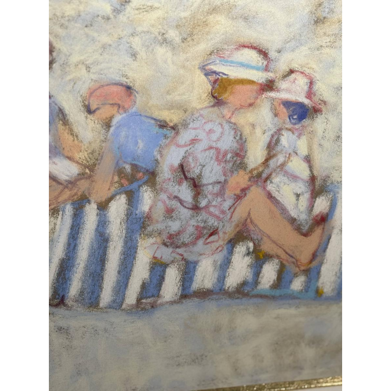 Yves Wacheux "Het blauwe strand", gemengde technieken op papier, 20e eeuw