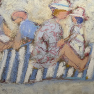 Yves Wacheux "Het blauwe strand", gemengde technieken op papier, 20e eeuw