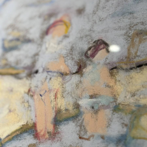 Yves Wacheux "Het blauwe strand", gemengde technieken op papier, 20e eeuw