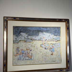 Yves Wacheux "La plage bleue" technique mixte sur papier, XXe siècle