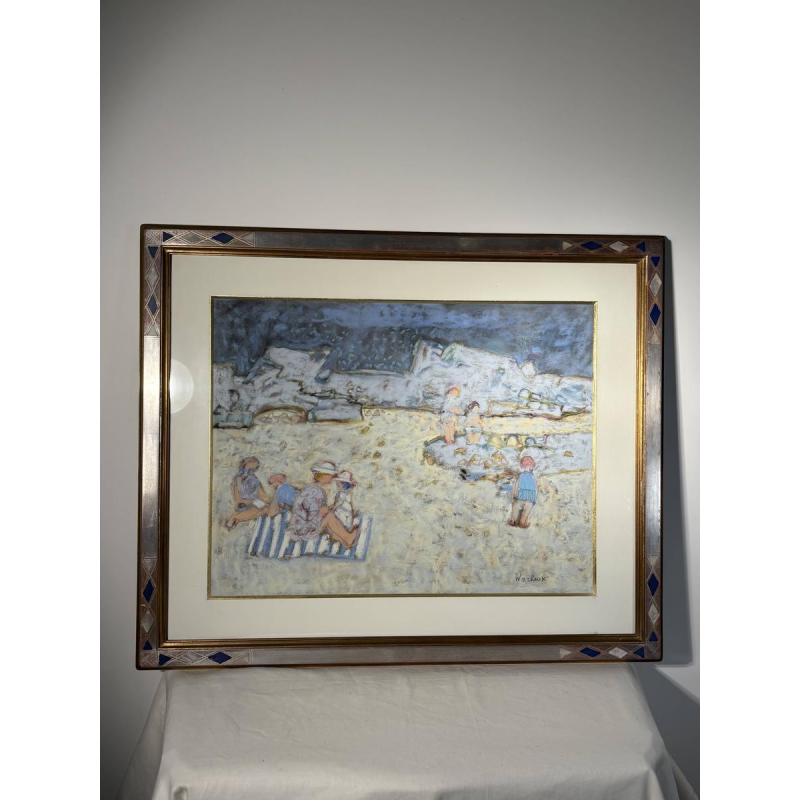 Yves Wacheux "Het blauwe strand", gemengde technieken op papier, 20e eeuw