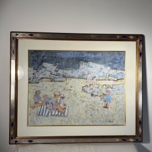 Yves Wacheux "La plage bleue" technique mixte sur papier, XXe siècle