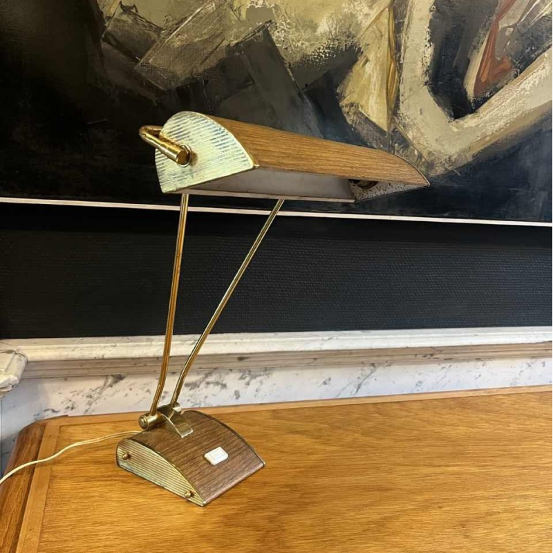 EILEEN GRAY JUMO Lampe à poser ou de bureau (doré & brun), design moderniste, ca 1945