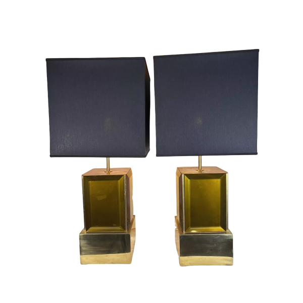 Murano - pair of large amber and brass Murano glass lamps - Italy, 1980s