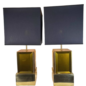 Murano - paire de grandes lampes en verre de Murano ambre et laiton - Italie, années 1980