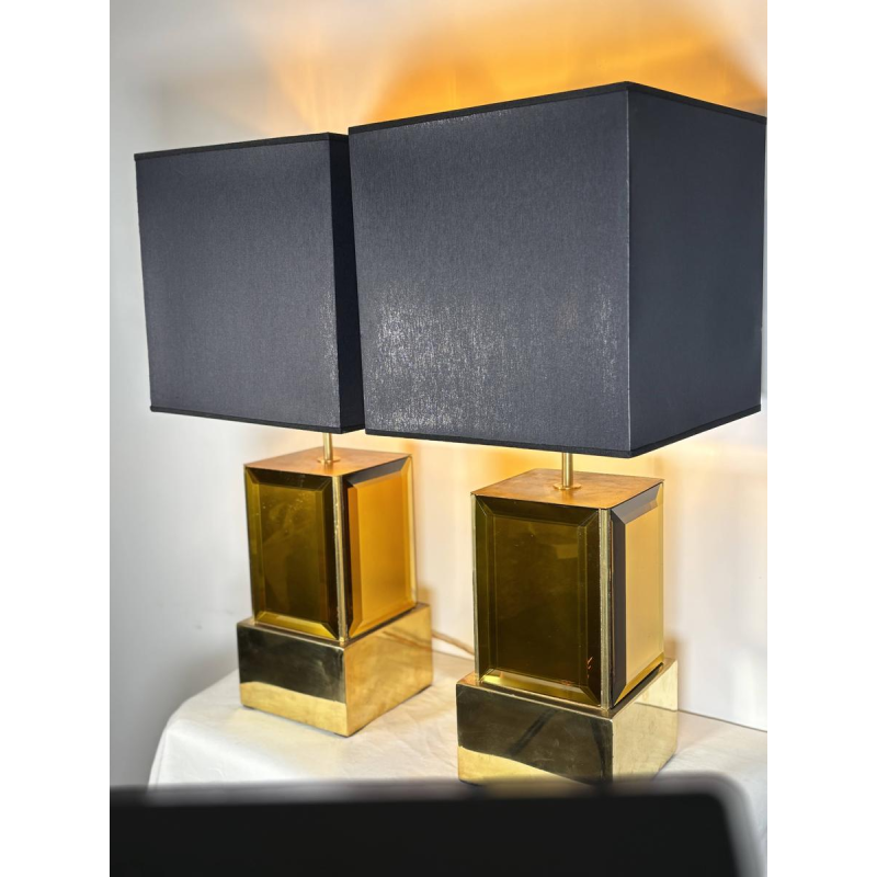 Murano - pair of large amber and brass Murano glass lamps - Italy, 1980s