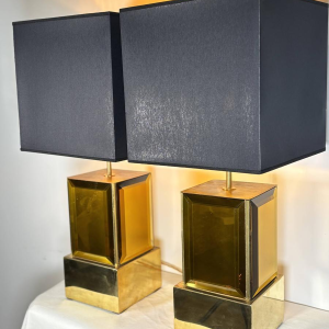 Murano - pair of large amber and brass Murano glass lamps - Italy, 1980s