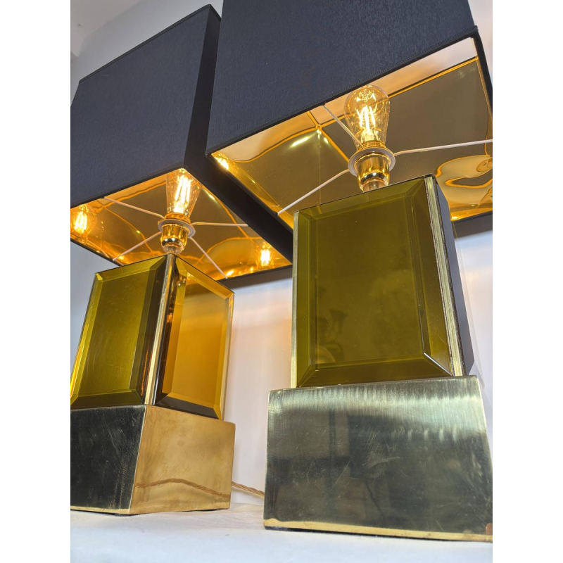 Murano - paire de grandes lampes en verre de Murano ambre et laiton - Italie, années 1980